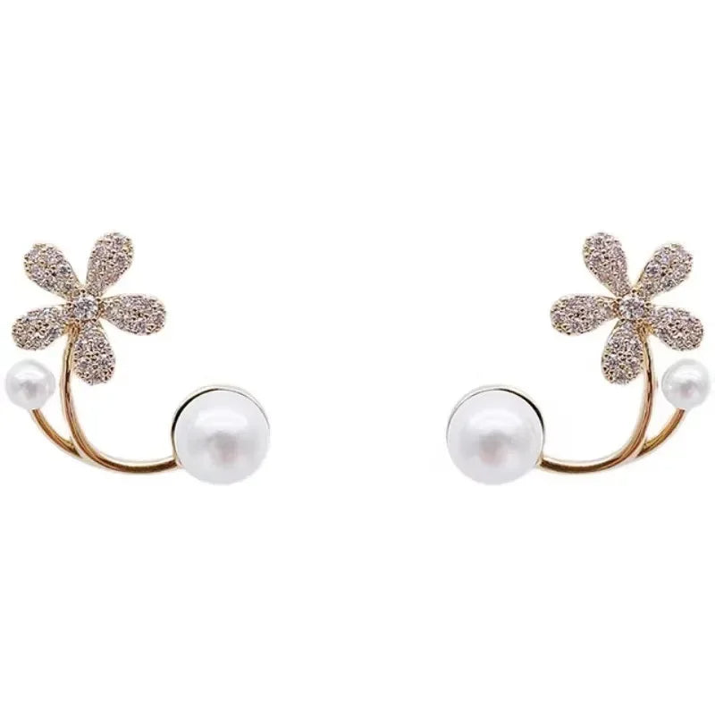 Korean Vintage Imitate Pearl Crystal Earrings for Women Jewelry High-class Luxury Zircon Flower Butterfly Leaf Stud Earrings