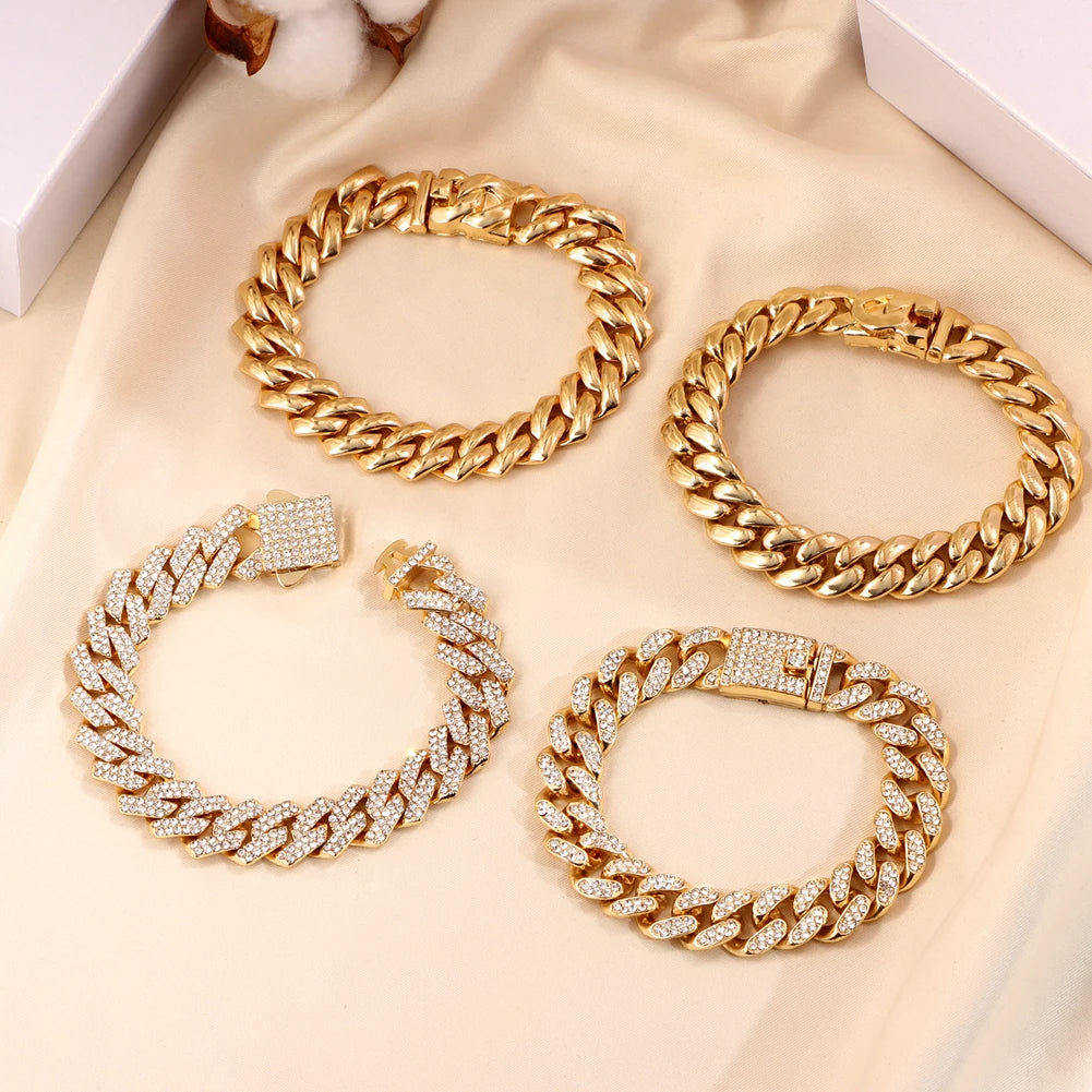 Women Cuban Chain Bracelet HipHop Bling Iced Out Chain Gold Silver Color Rhinestone Paved Chunky Metal Bracelet Men Jewelry Gift