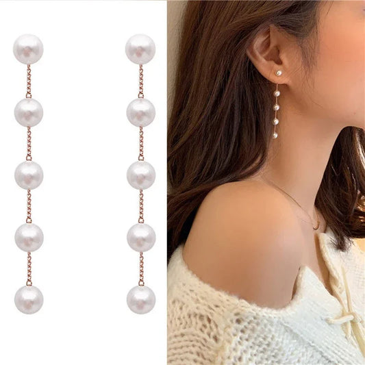 Long Dangle Earrings for Women Fashion Full Crystal Simulated Pearl Tassel Drop Earring Vintage Gold Color Brincos Jewelry