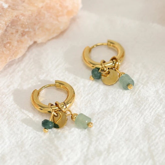 18K Gold Plated Stainless Steel Hoop Earrings for Women Vintage Green Natural Stone Charms Trendy Waterproof Jewelry