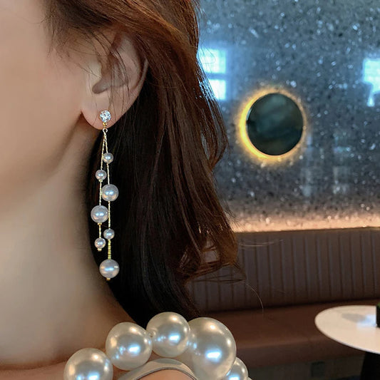 Long Dangle Earrings for Women Fashion Full Crystal Simulated Pearl Tassel Drop Earring Vintage Gold Color Brincos Jewelry