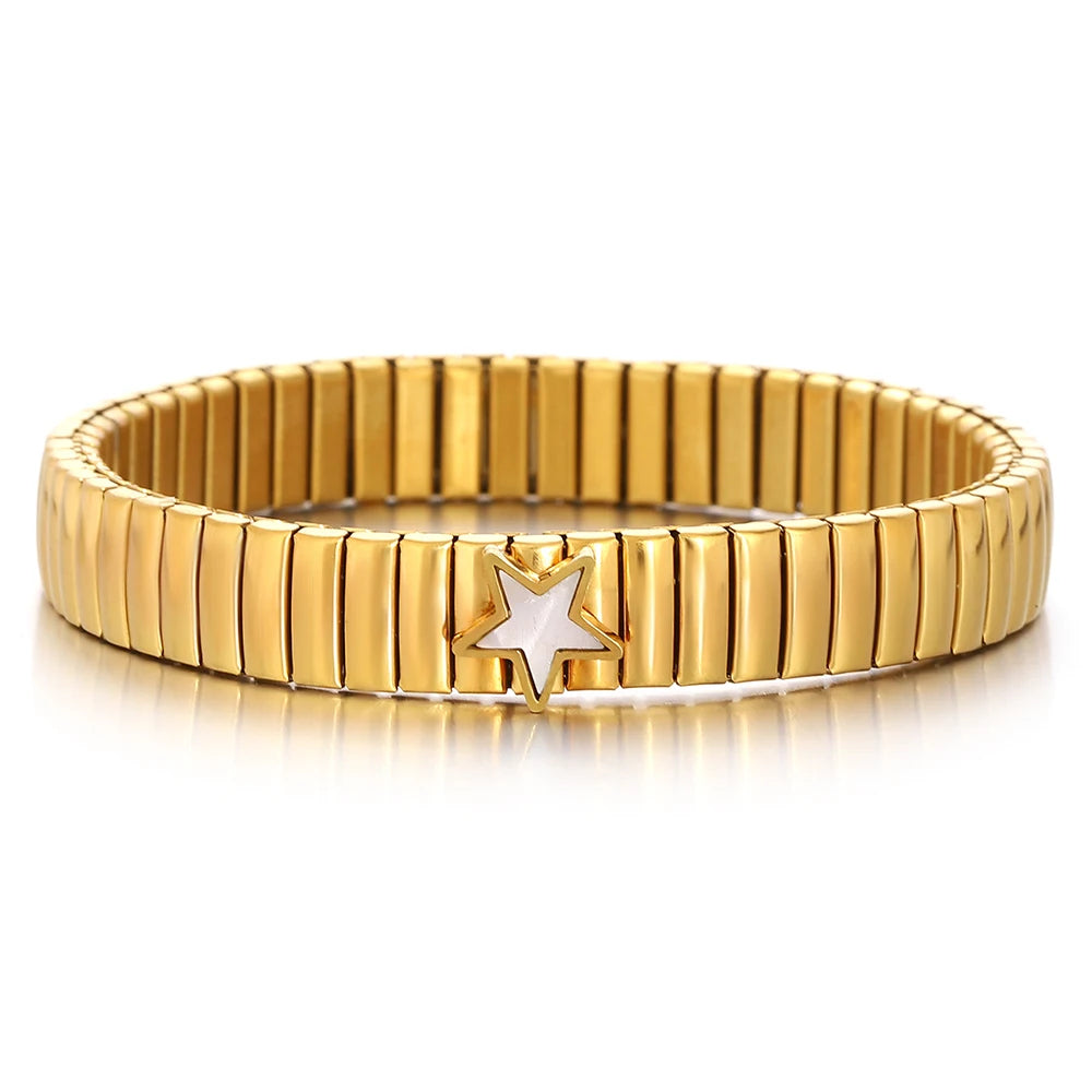 Simple Elastic Stainless Steel Bangles for Women Vintage Classic Heart Star Inlaid Rhinestone Waterproof Bracelet Bangle