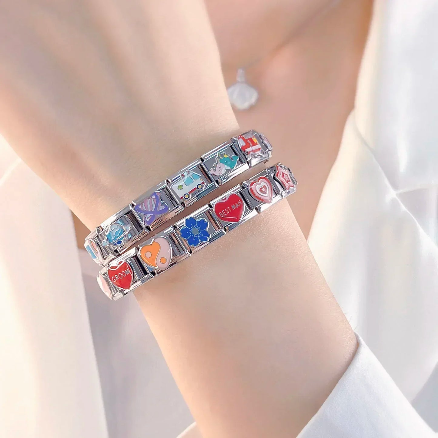 Romantic Colour Heart Star Flower Tai Chi Italian Charm Links Fit 9mm  Stainless Steel Bracelet Jewelry DIY Making