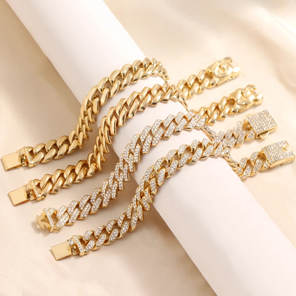 Women Cuban Chain Bracelet HipHop Bling Iced Out Chain Gold Silver Color Rhinestone Paved Chunky Metal Bracelet Men Jewelry Gift