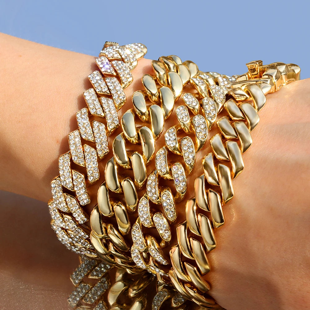 Women Cuban Chain Bracelet HipHop Bling Iced Out Chain Gold Silver Color Rhinestone Paved Chunky Metal Bracelet Men Jewelry Gift