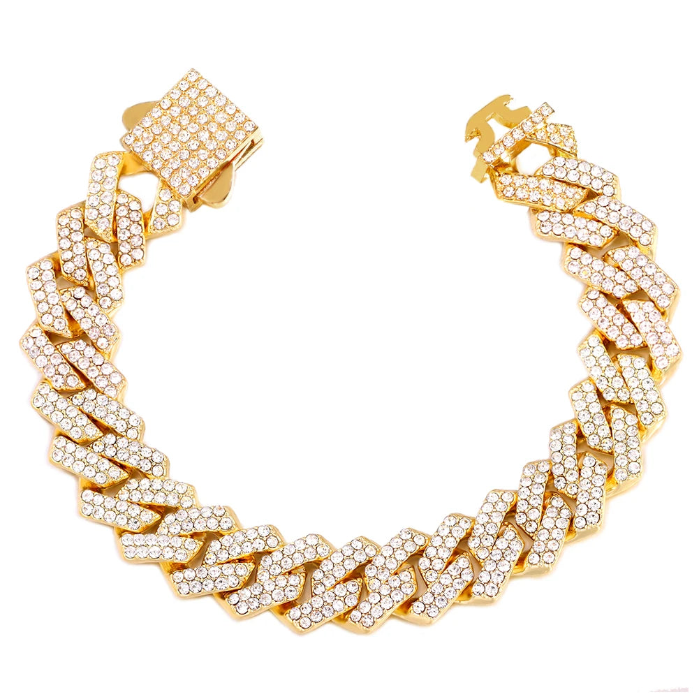 Women Cuban Chain Bracelet HipHop Bling Iced Out Chain Gold Silver Color Rhinestone Paved Chunky Metal Bracelet Men Jewelry Gift