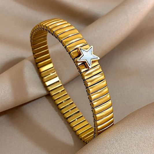 Simple Elastic Stainless Steel Bangles for Women Vintage Classic Heart Star Inlaid Rhinestone Waterproof Bracelet Bangle