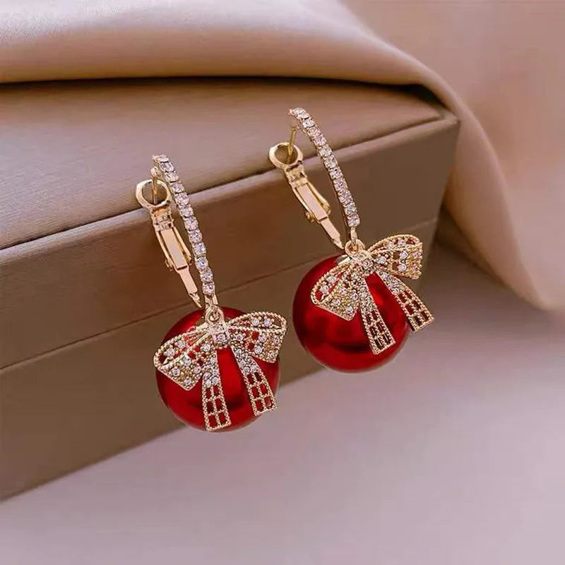 Luxury Gold Color Zircon Bowknot Stud Earrings For Women Red Pearl Flower Festive Earring Girls New Year Christmas Jewelry Gifts