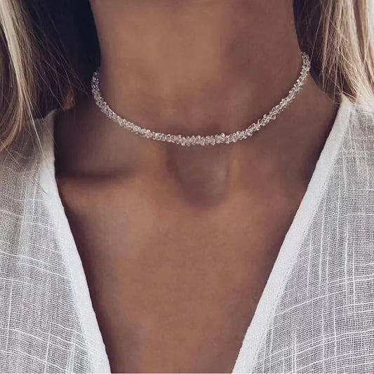 Mulit-cut Glass Crystal Irregular Beaded Choker Necklace for Women Transparent Vintage Korean Collarbone Collar Neck Jewelry