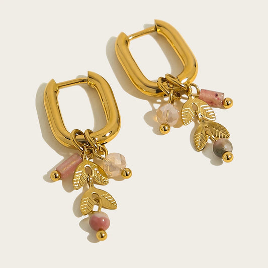 18K Gold Plated Stainless Steel Hoop Earrings for Women Vintage Pink Natural Stone Charms Trendy Waterproof Jewelry
