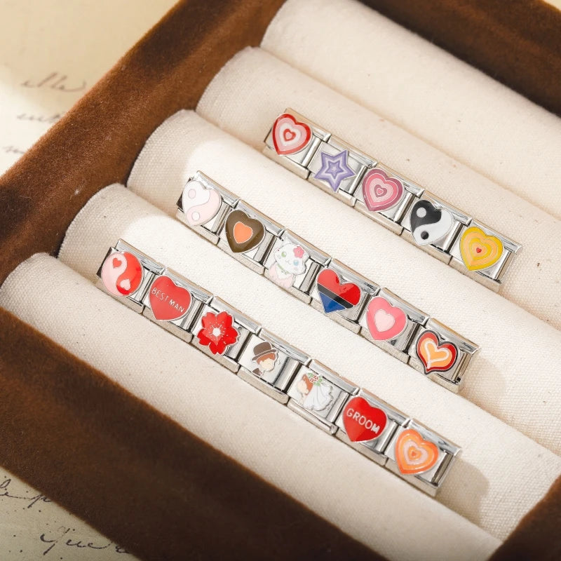 Romantic Colour Heart Star Flower Tai Chi Italian Charm Links Fit 9mm  Stainless Steel Bracelet Jewelry DIY Making