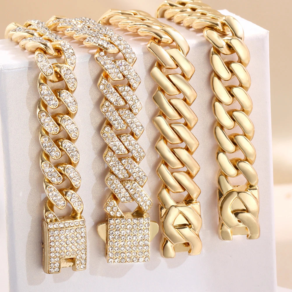 Women Cuban Chain Bracelet HipHop Bling Iced Out Chain Gold Silver Color Rhinestone Paved Chunky Metal Bracelet Men Jewelry Gift