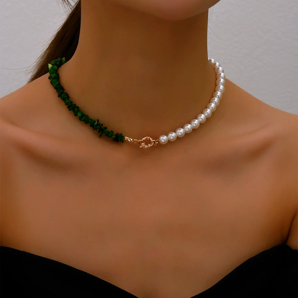 2025Trend Elegant Jewelry Wedding Big Pearl Necklace For Women Fashion Imitation Pearl Green Rose Color Stone Choker Necklace