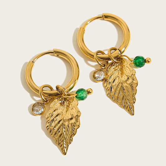 18K Gold Plated Stainless Steel Hoop Earrings for Women Vintage Green Natural Stone Charms Trendy Waterproof Jewelry