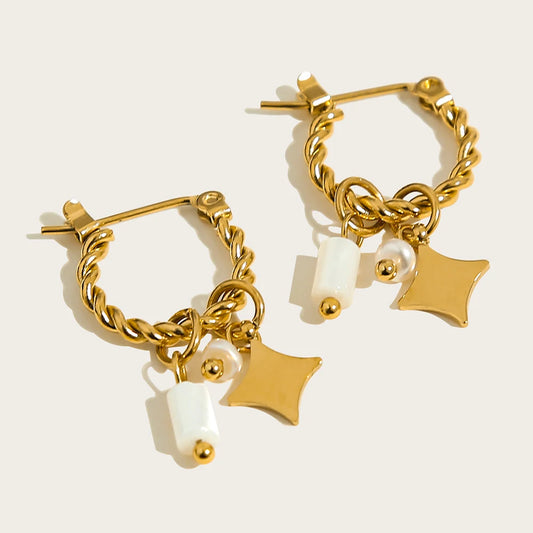 18K Gold Plated Stainless Steel Hoop Earrings for Women Vintage White Natural Stone Charms Trendy Waterproof Jewelry