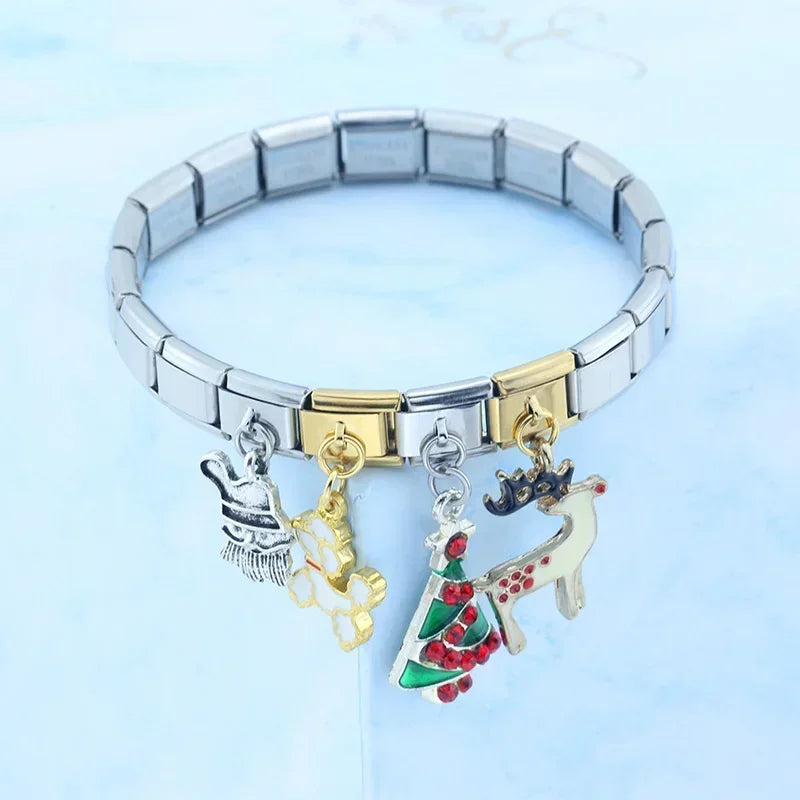 Christmas Tree Snowman Deer Santa Claus Italian Links Charm Fit 9mm Bracelet Stainless Steel Jewelry DIY Making