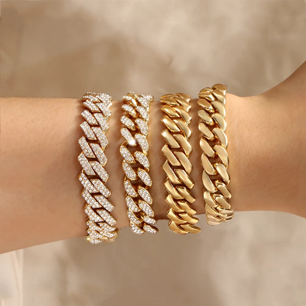 Women Cuban Chain Bracelet HipHop Bling Iced Out Chain Gold Silver Color Rhinestone Paved Chunky Metal Bracelet Men Jewelry Gift