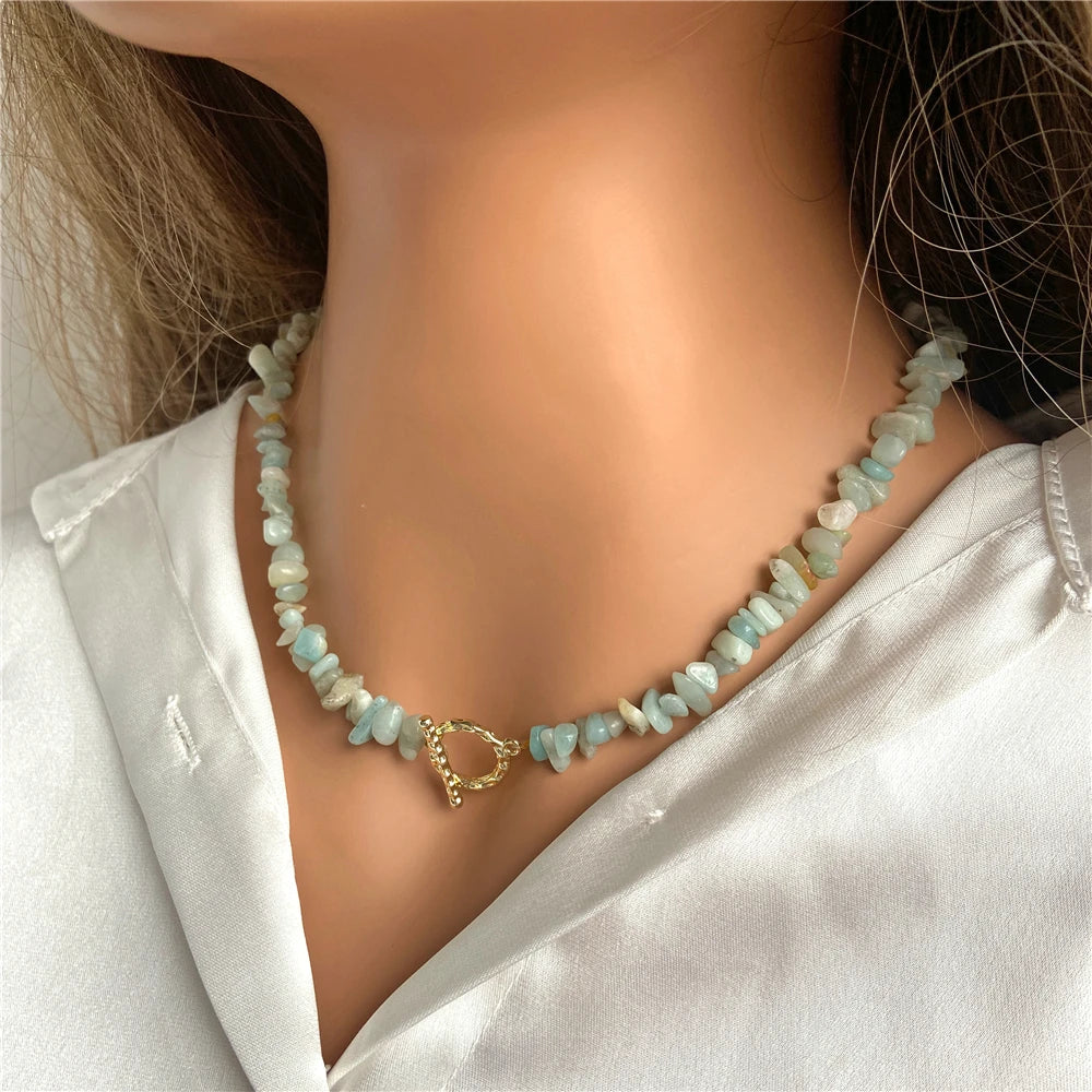 Natural Blue Stone Choker Necklace Irregular Healing Gravel Aquamarines Crystal Quartz Chip Beads Necklace For Women Jewelry