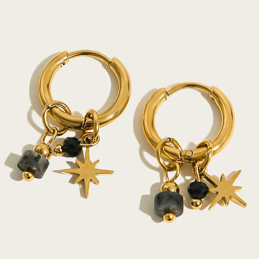 18K Gold Plated Stainless Steel Hoop Earrings for Women Vintage Black Natural Stone Charms Trendy Waterproof Jewelry